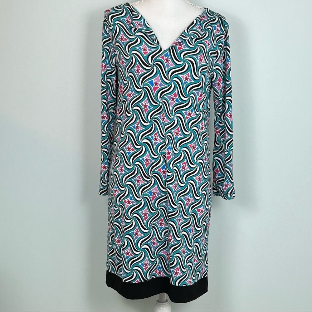 Nicole by Nicole Miller Multicolor Teal Pullover V Neck Shift Dress